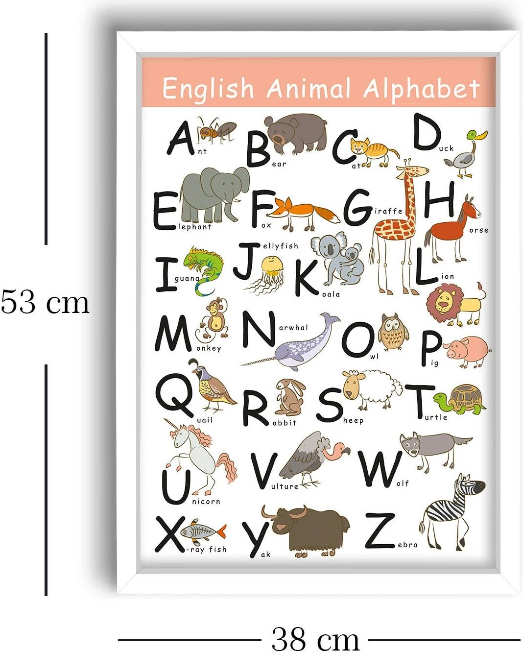 Pikturë dekorative me kornizë MDF, alfabeti i kafshëve në anglisht, shumëngjyrëshe, 38x53cm