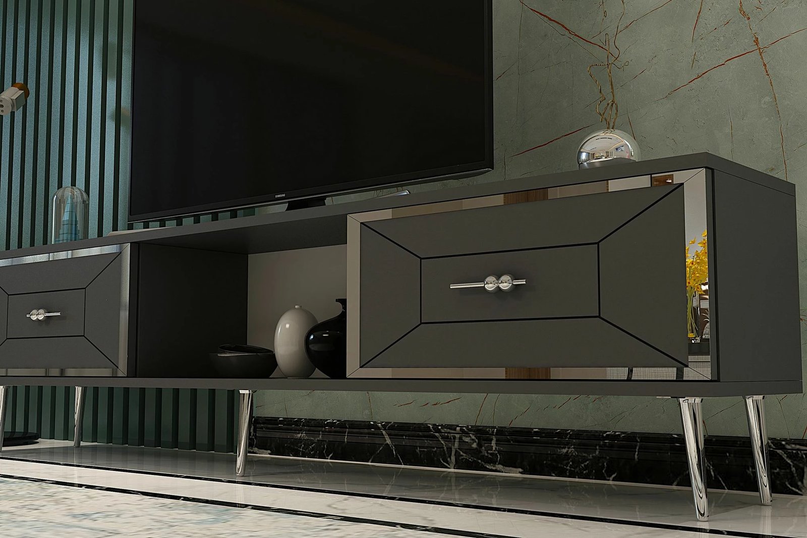 Komodë TV Skye Decor, ngjyrë antracit dhe argjendi, Arno