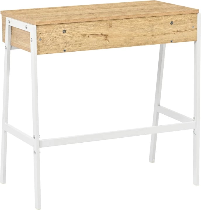 Tavolinë pune me raft dhe sirtar Rezio, ngjyrë lis-e bardhë, këmbë metalike të zeza, 75x45x76cm