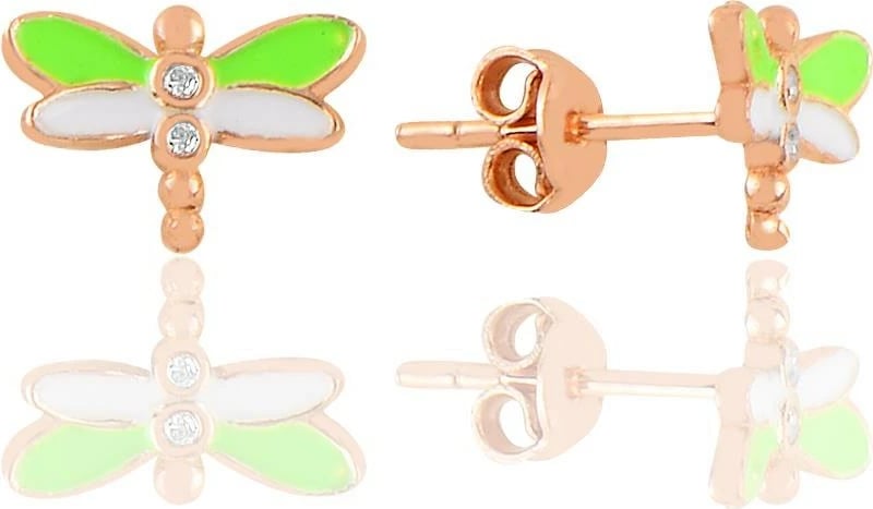 Vathë argjendi, formë dragonfly, ngjyrë rozë e artë dhe e gjelbër, Jumeon, 11x7.5mm