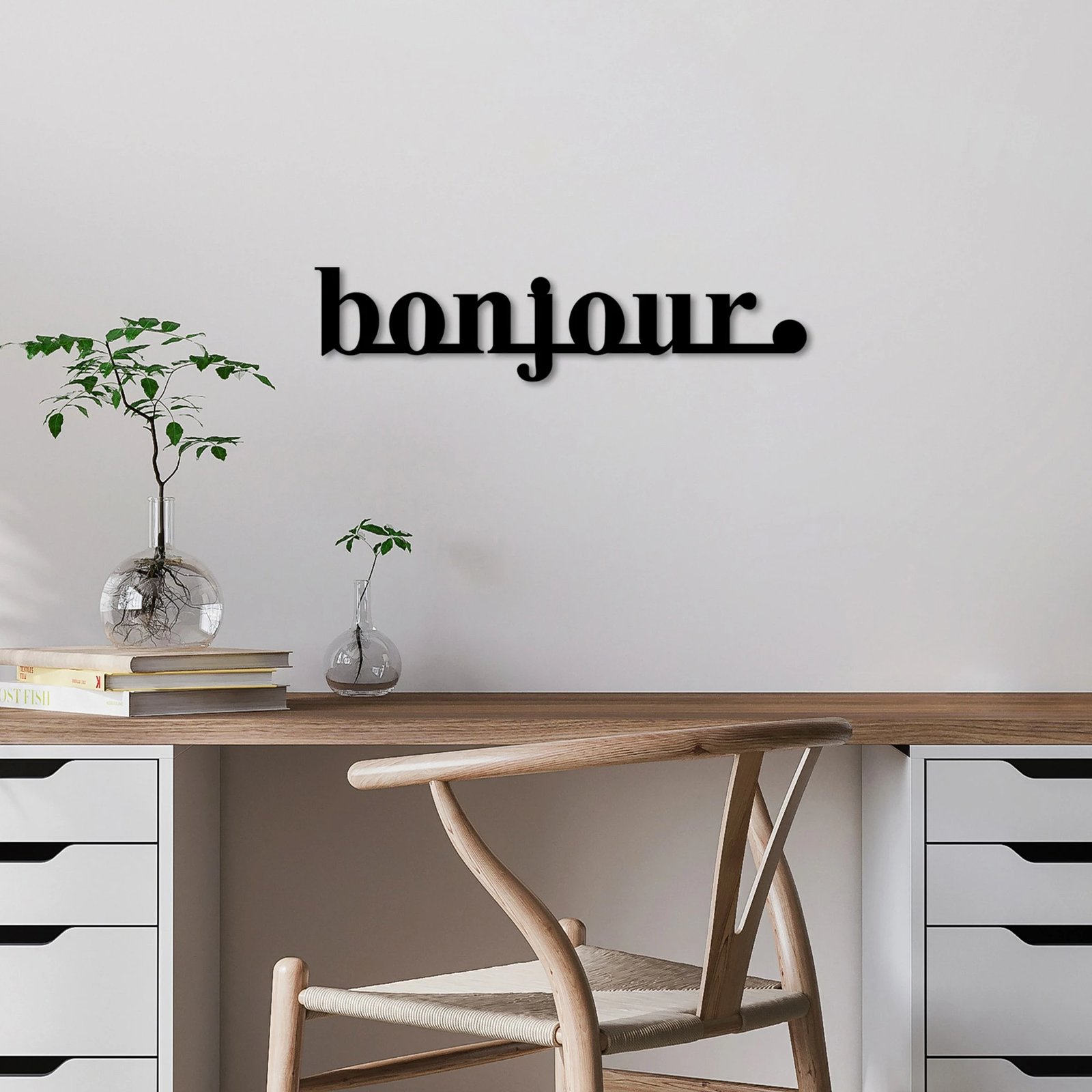 Aksesor dekorativ metalik për mur, Wallity, Bonjour, ngjyrë e zezë, 70x16cm