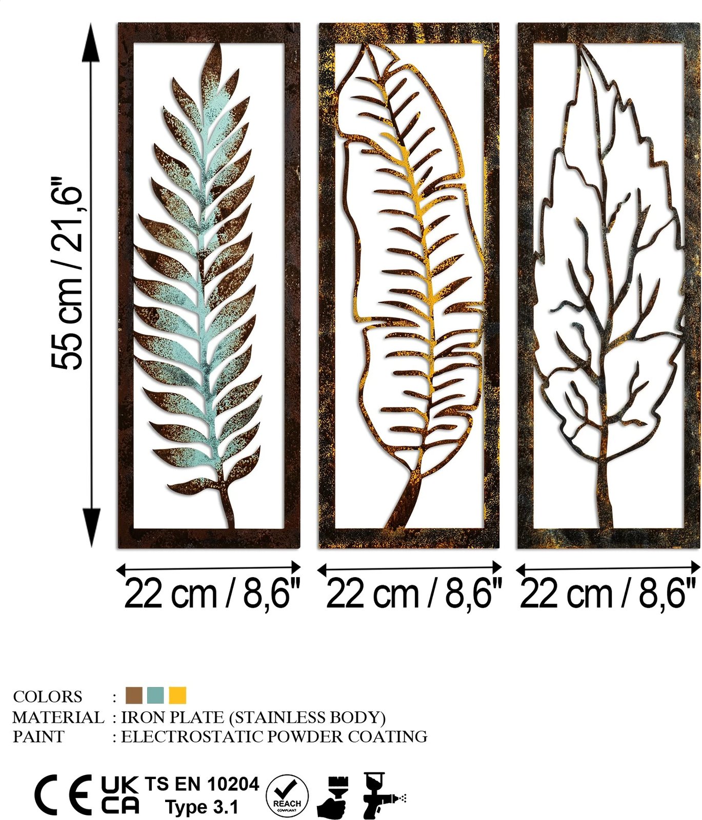 Aksesor dekorativ metalik për mur, Wallity, gjethe, set prej 3 copash, 55x22x1.5cm