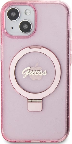 Mbështjellës Guess Ring Stand Script Glitter MagSafe për iPhone 15 Plus / 14 Plus, Rozë