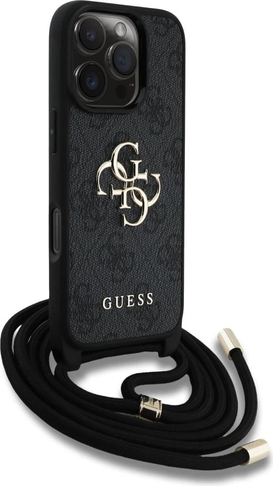Mbështjellës Guess 4G Big Logo Cord Stap Crossbody për iPhone 16 Pro, e zezë