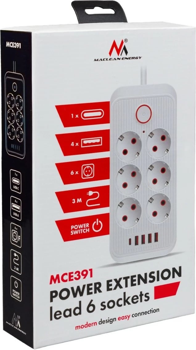 Zgjatues elektrik Maclean MCE391 W, 6x Schuko, 4x USB-A + 1x USB-C, 2500W, 110-240V 50/60Hz, kabllo 3 m, me ndërprerës, e bardhë