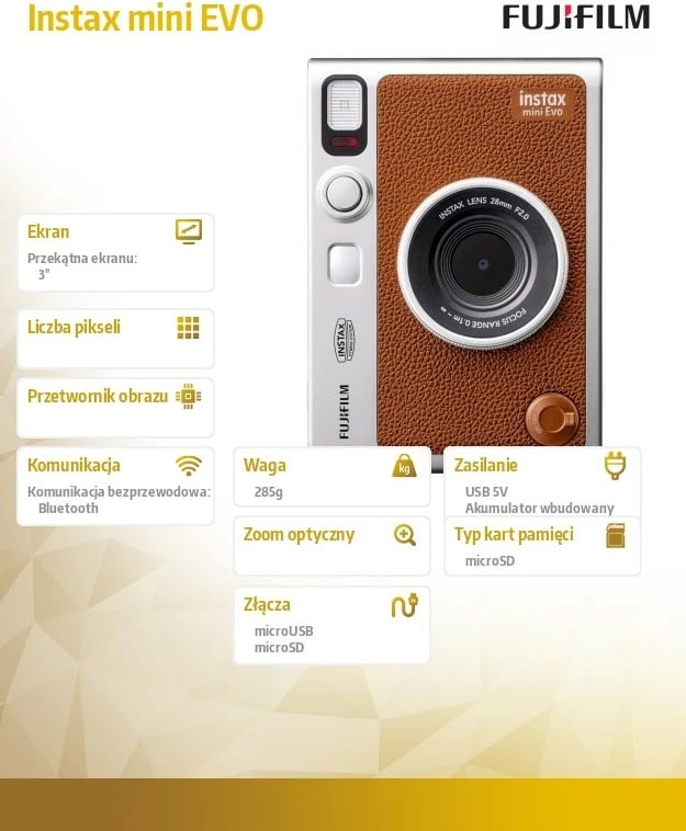 Kamerë instant hibride, Fujifilm, Instax mini EVO, 28 mm f/2.0, ekran 3", Bluetooth, microSD, kafe Kamerë instant hibride, Fujifilm, Instax mini EVO, 28 mm f/2.0, ekran 3", Bluetooth, microSD, kafe