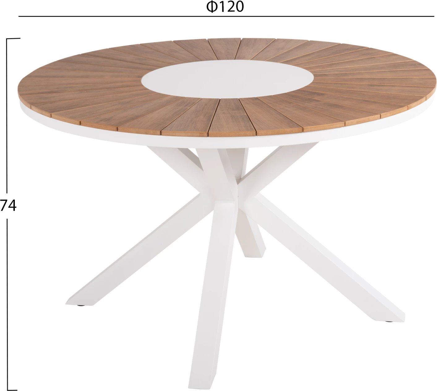 Tavolinë e rrumbullakët për jashtë, MORIL FH6041.02, alumin në të bardhë, polivud në ngjyrë druri natyral, Φ120cm