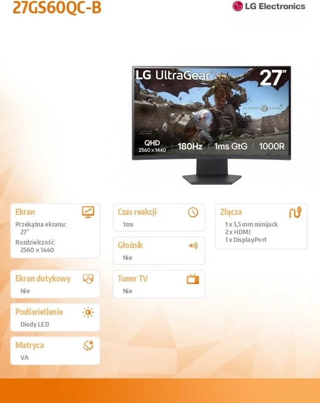 Monitor gaming LG UltraGear 27GS60QC-B, 27", QHD, 180Hz, 1ms, i zi