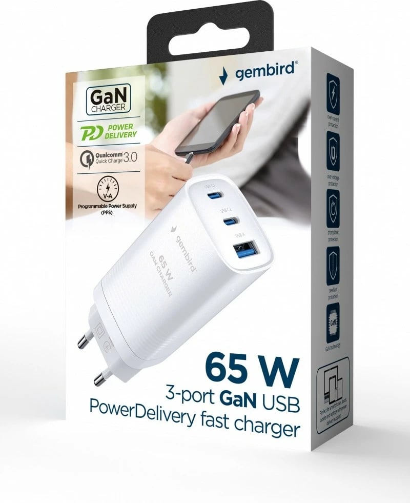 Karikues muri Gembird TA-UC-PDQC65-01-W, 65W, 2x USB-C, 1x USB-A, Bardhë