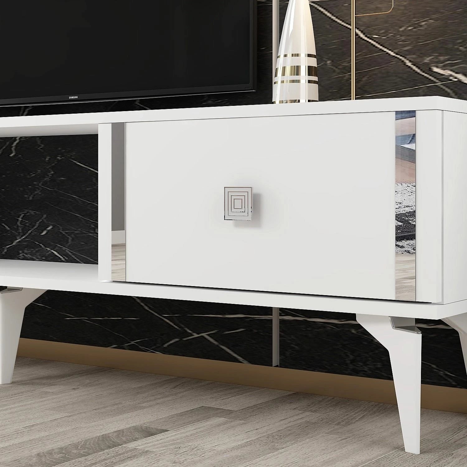 Komodë TV Skye Decor, e bardhë, argjend