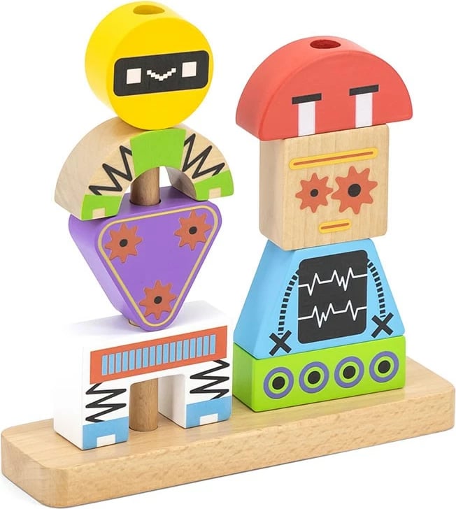 Blloqe druri stivuese, Viga Robots, puzzle edukativ me kartela modele, mbi 36m, shumëngjyrësh