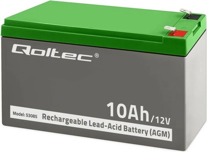 Bateri AGM plumb-acid Qoltec 53085 12V 10Ah pa mirëmbajtje për UPS, gri/jeshile