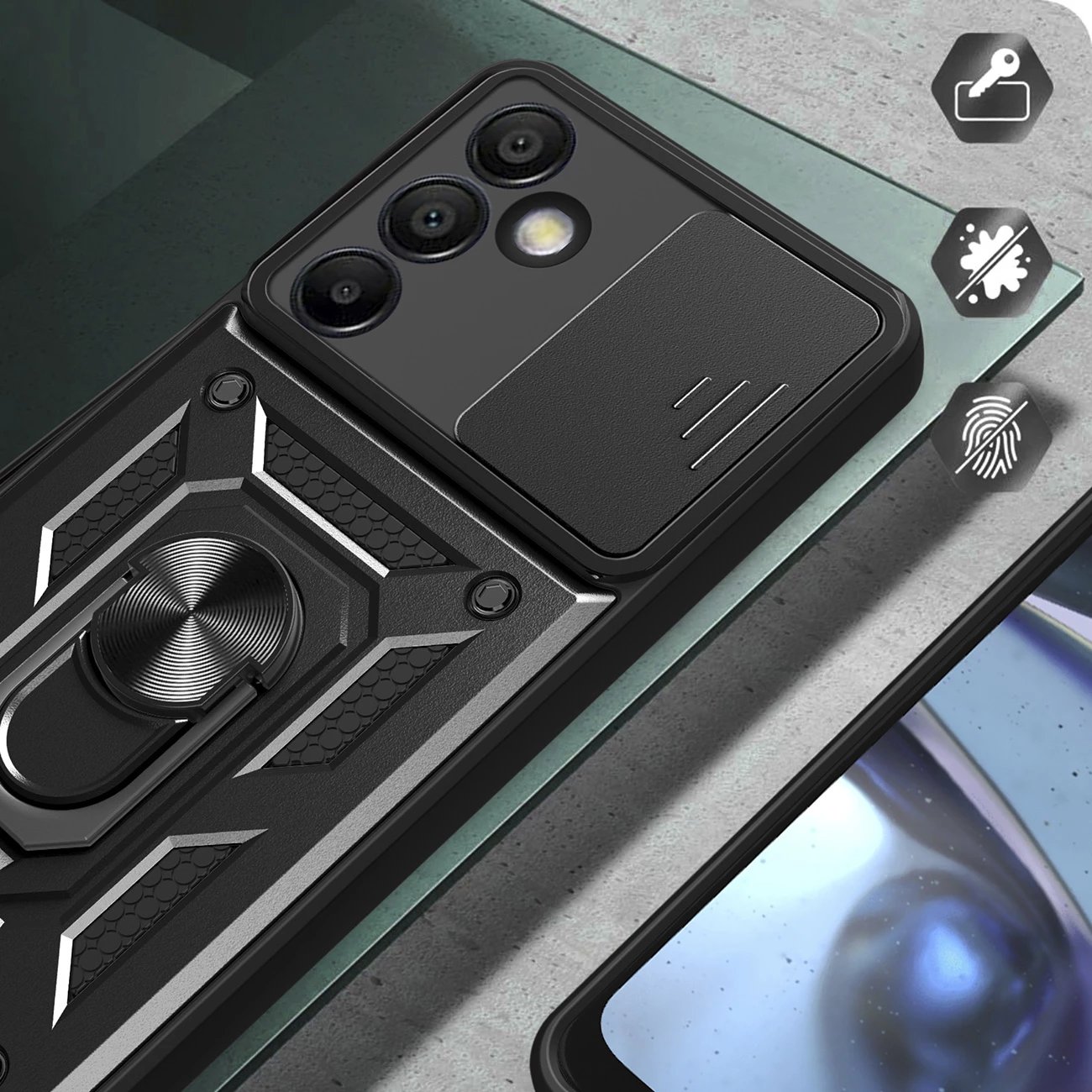 Mbështjellës Hurtel Hybrid Armor Camshield me qëndrim dhe kapak kamere për Samsung Galaxy A36, i zi