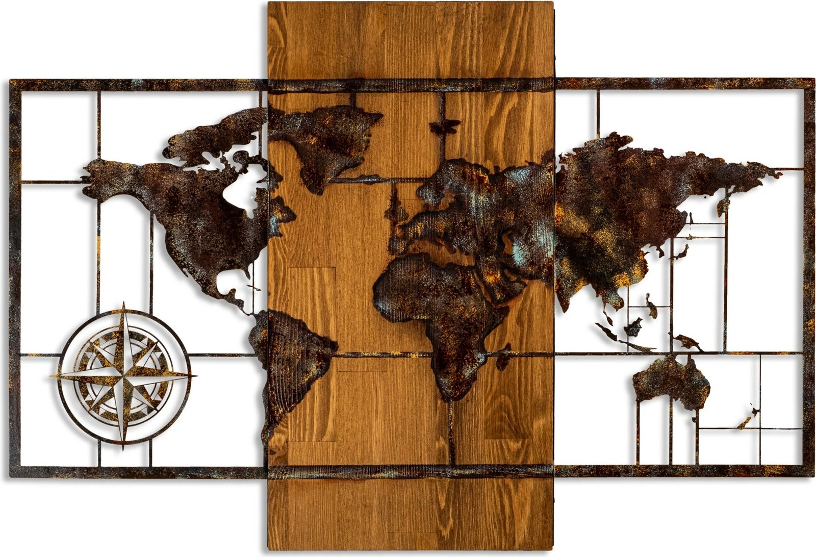 Aksesor dekorativ muri prej druri, hartë bote me busull, ngjyrë arre, 58x85cm