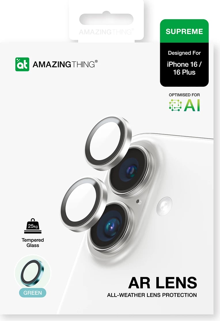 Mbrojtës kamerë AmazingThing AR Aluminum 2 Lens Glass me kornizë për iPhone 16 / 16 Plus, Gjelbër
