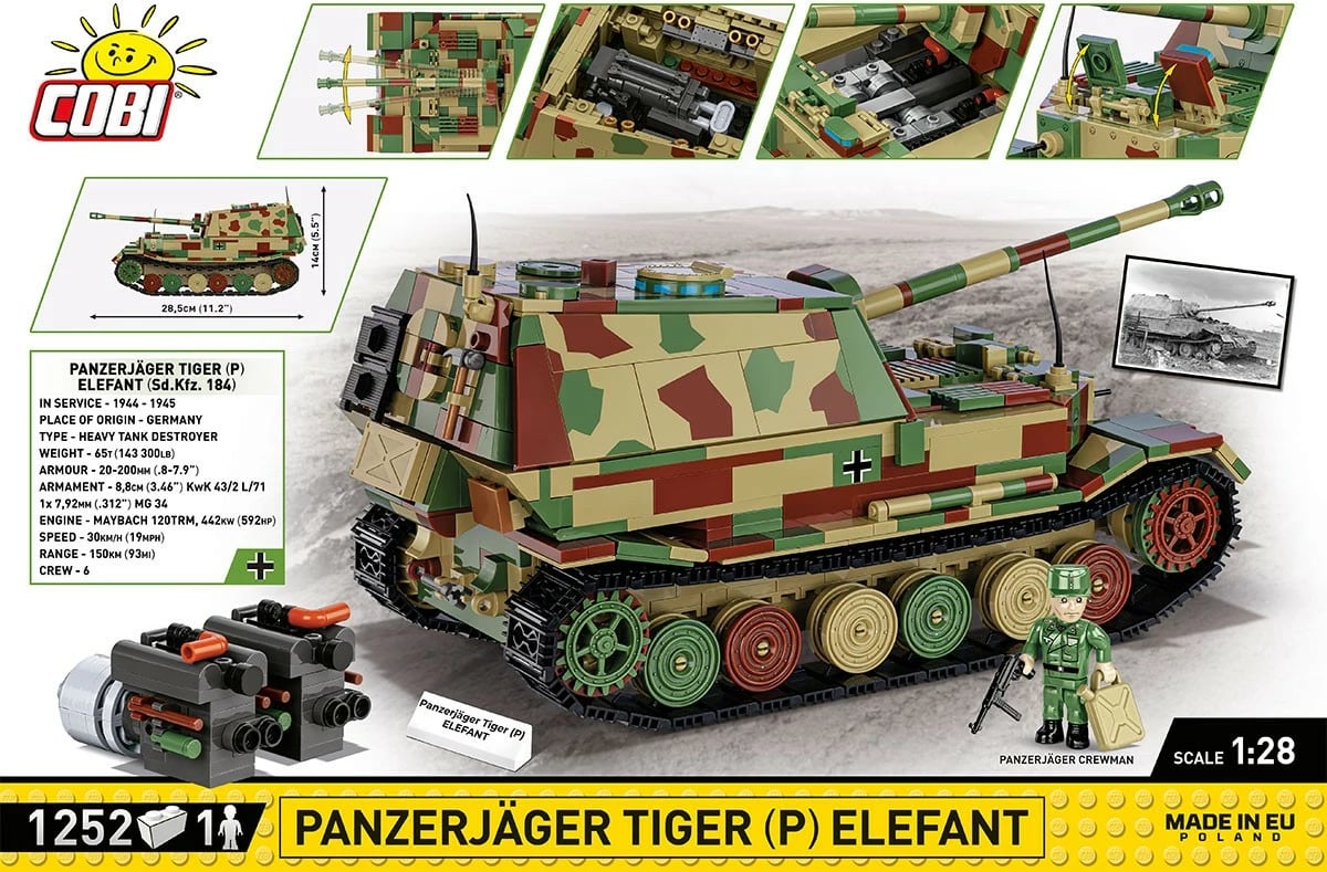 Set blloqesh Cobi Klocki Panzerjäger Tiger (P) Elefant, 1252 pjesë, Kamuflazh