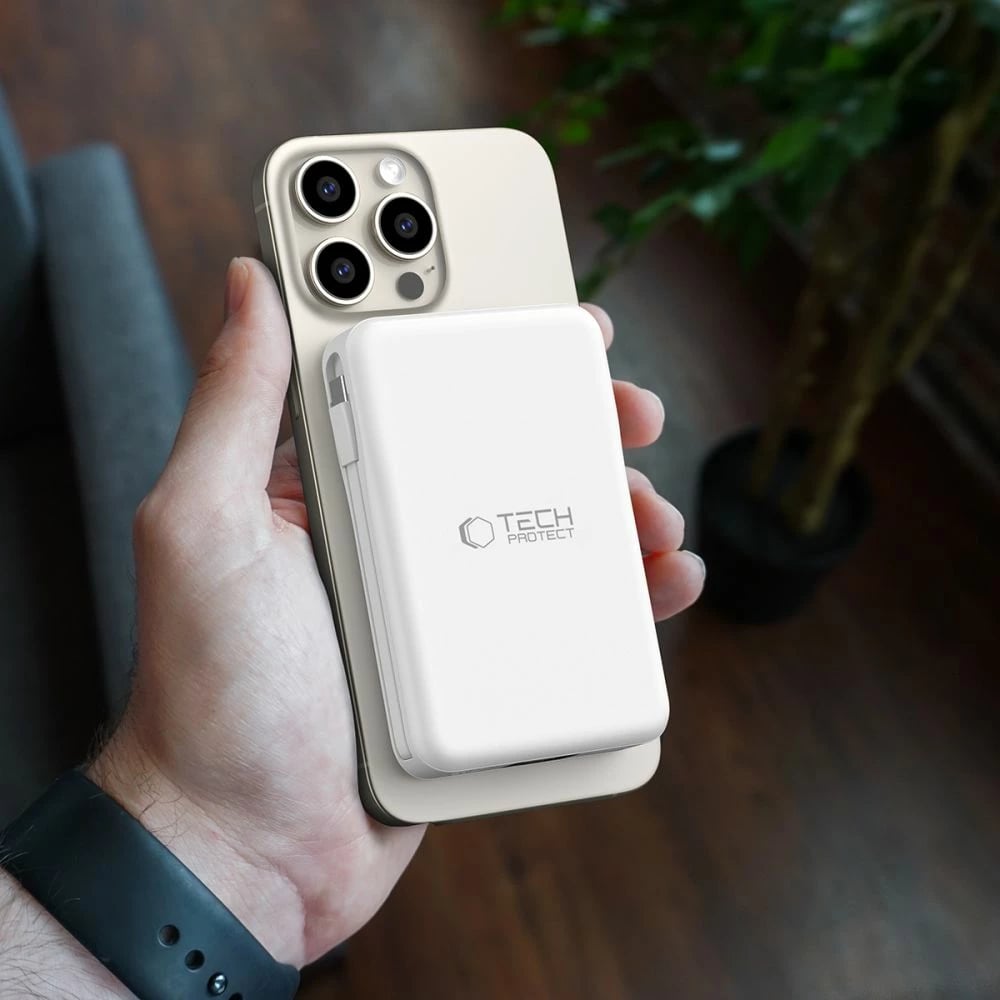 Power bank Tech-Protect LifeMag PB31, 10000mAh, MagSafe, USB-C/USB-A/Lightning, Bardhë