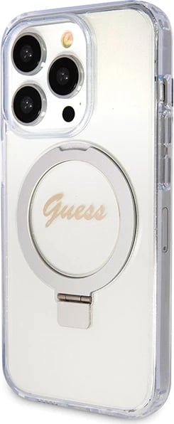 Mbështjellës Guess Ring Stand Script Glitter MagSafe për iPhone 15 Pro, Transparent