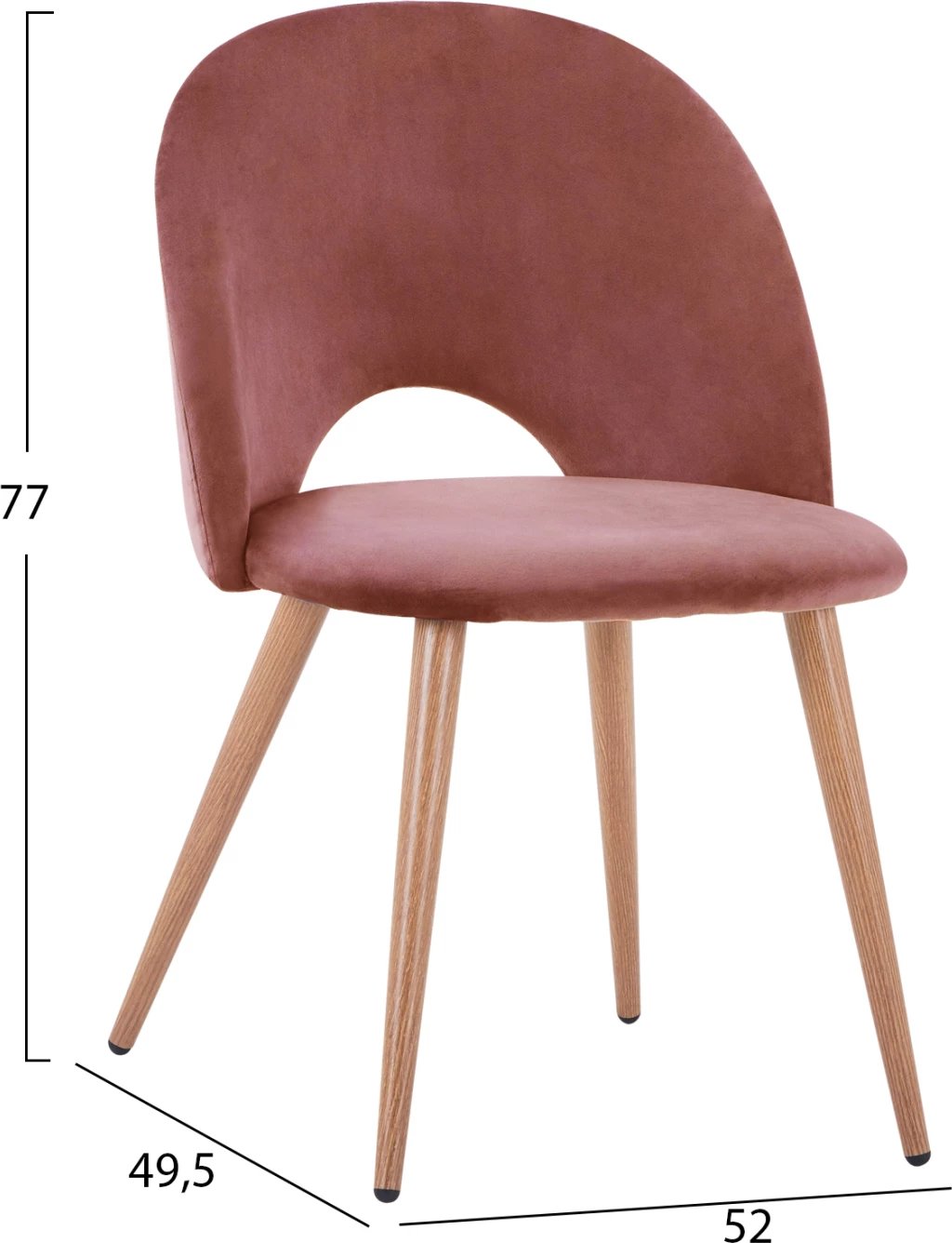 Karrige ngrënieje kadife ngjyrë mollë e kalbur dhe këmbë metalike FH8544.02 52x49,5x77 cm, set prej 4 copë