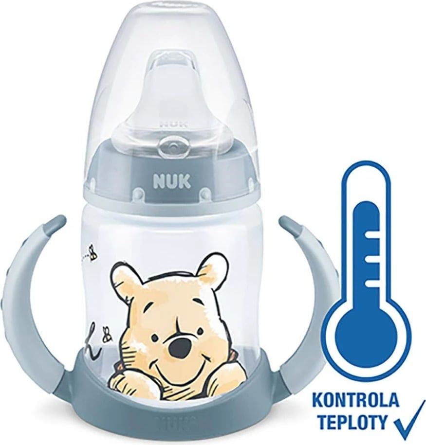 shishe trajnimi bebe, NUK, First Choice Winnie the Pooh, kontroll temperature, 150 ml, silikon, gri
