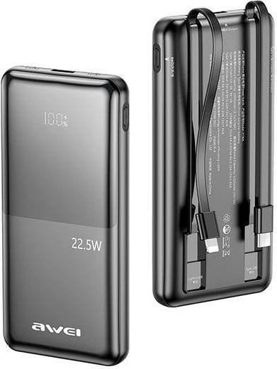 Powerbank AWEI P76K, 10000mAh, 22.5W, 4 dalje, me dy kabllo, e zezë