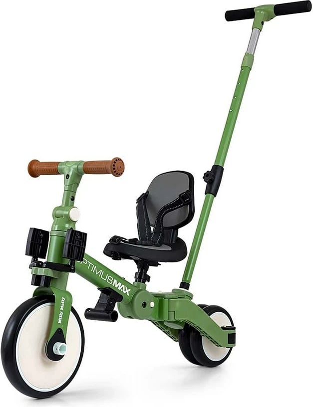 Tricikël & biçikletë balancuese 5‑në‑1 me dorezë prindi, Milly Mally Optimus Max, rrota shkumë, kornizë çeliku, 12M+, e gjelbër