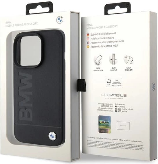 Mbështjellës BMW Leather Hot Stamp MagSafe për iPhone 15 Pro, i zi
