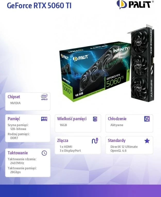 Kartelë grafike Palit GeForce RTX 5060 Ti Infinity 3, 16 GB GDDR7, 128-bit, 3 ventilatorë