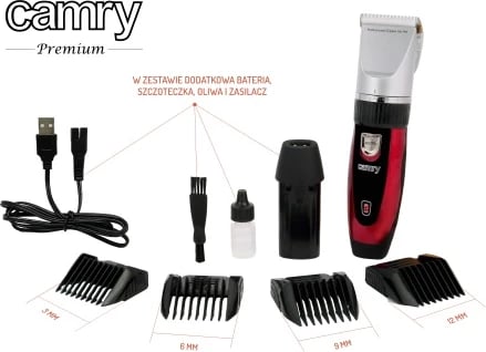 Makinë qethëse për kafshë, Camry CR 2821, motor 35W, koka titan me teh qeramike, USB, me/pa kabllo, 4 krehra 3–12 mm, bateri 1600 mAh, e zezë/argjend, set me bateri shtesë, vaj, furçë dhe kabëll USB Makinë qethëse për kafshë, Camry CR 2821, motor 35W, koka titan me teh qeramike, USB, me/pa kabllo, 4 krehra 3–12 mm, bateri 1600 mAh, e zezë/argjend, set me bateri shtesë, vaj, furçë dhe kabëll USB