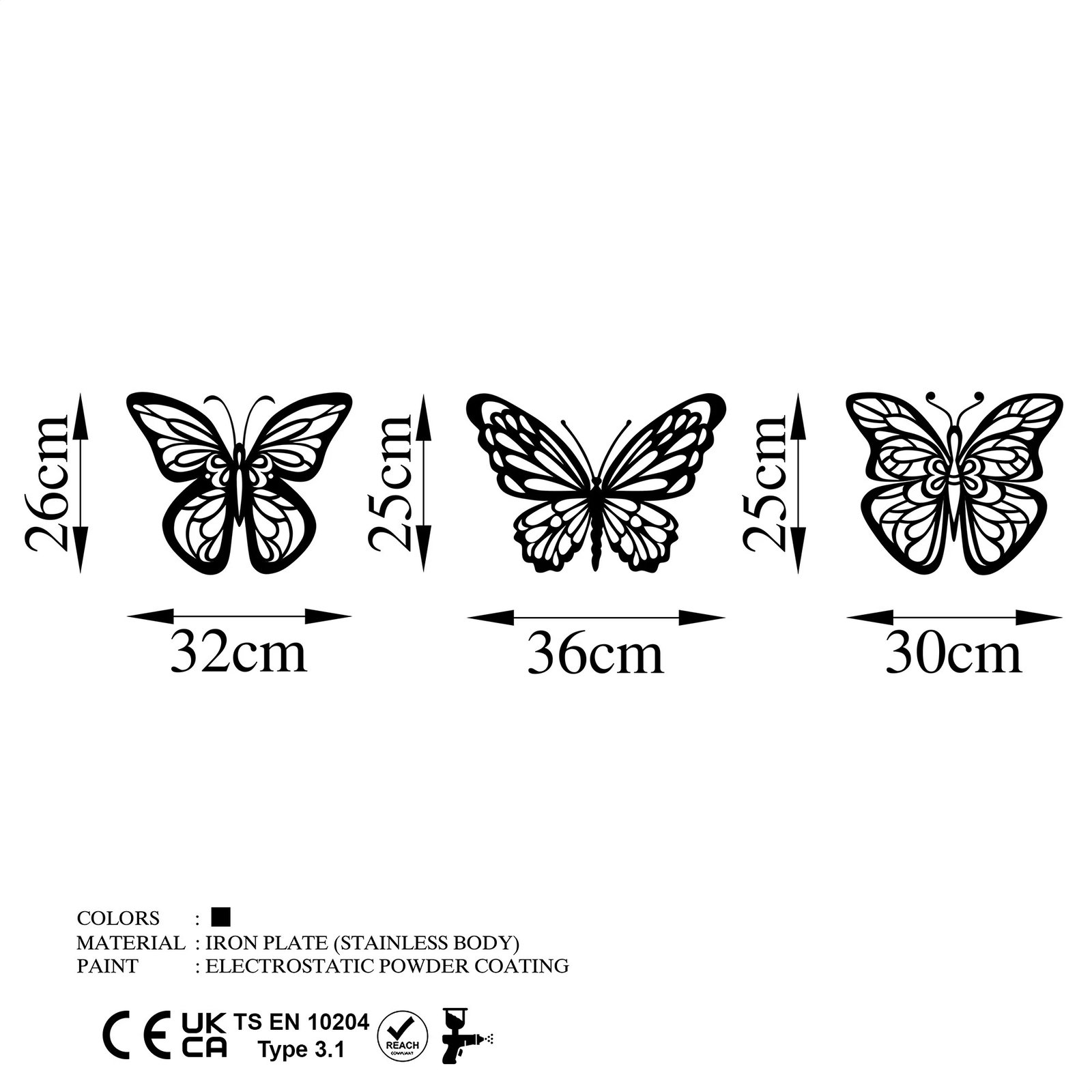 Aksesor dekorativ metalik për mur, flutura, 3 copë