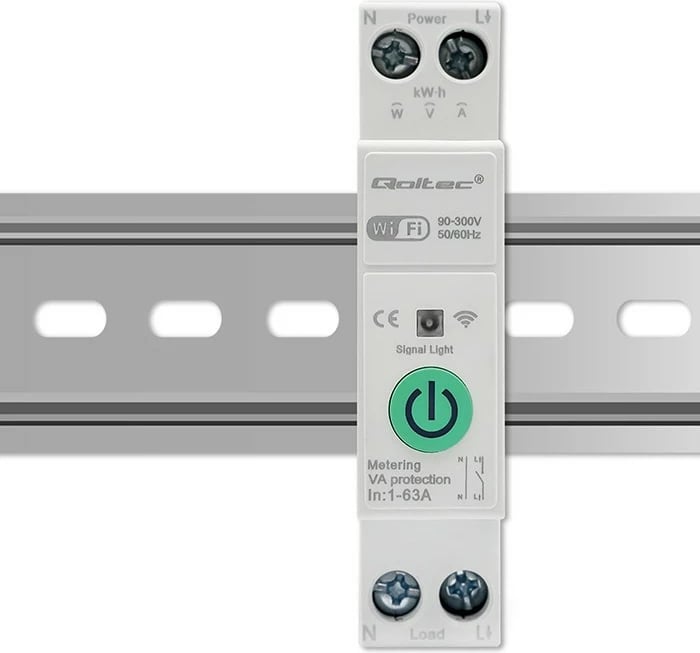 Relé Wi-Fi Qoltec 50881 për shina DIN, matës energjie, 63A, e bardhë