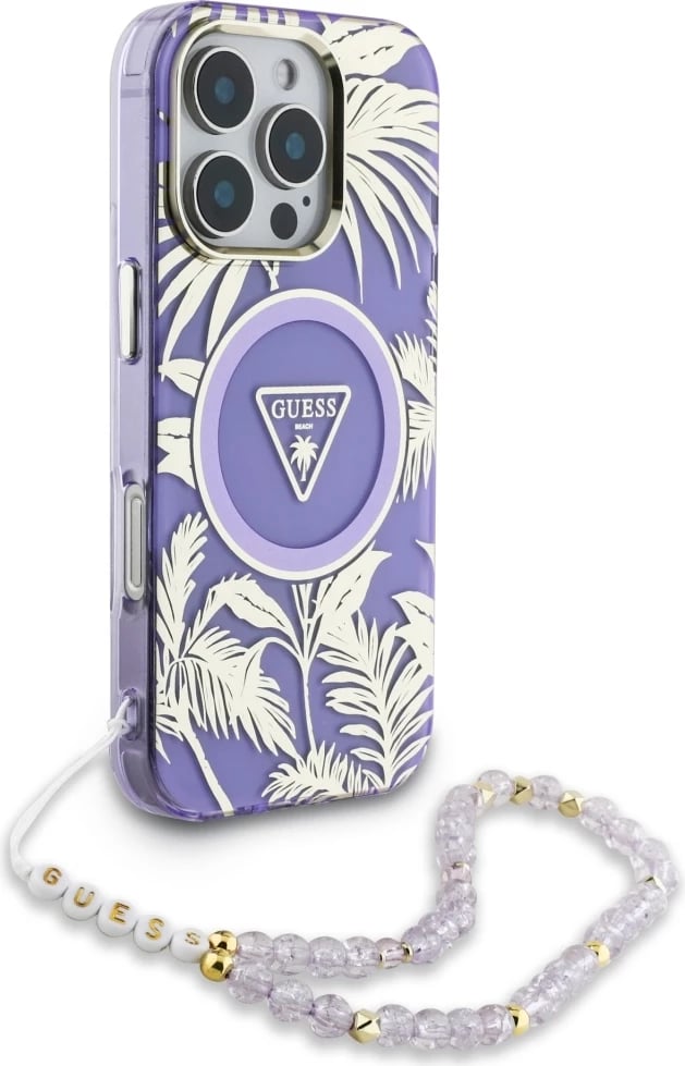 Mbështjellës, Guess, Palm Trees Triangle Pearl Strap MagSafe, për iPhone 16 Pro Max, hardcase TPU/PC, me unazë MagSafe dhe varëse rruzash, vjollcë