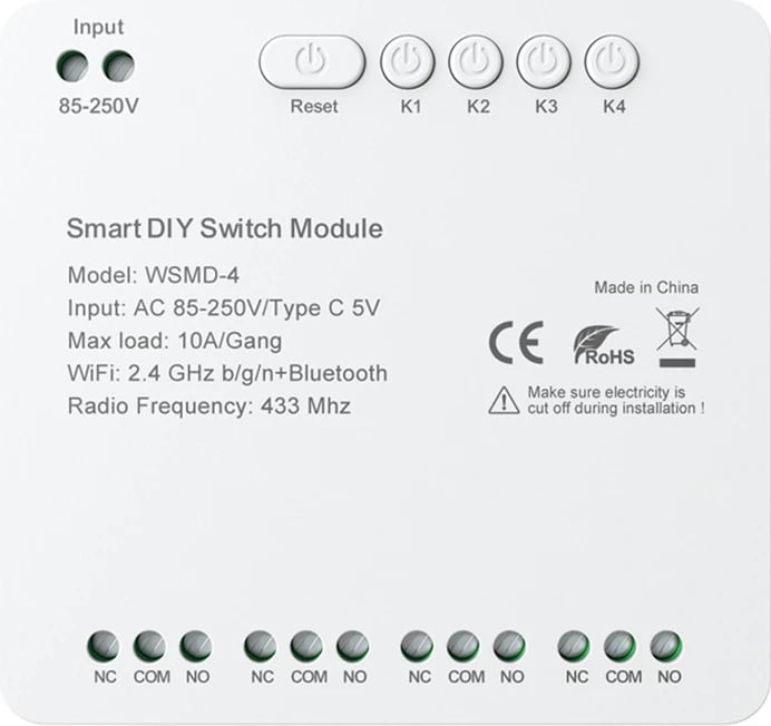 Modul smart Switch DIY, Avatto WSMD-4, 4-kanales, 10A/kanal, Wi‑Fi 2.4GHz + Bluetooth + RF 433MHz, furnizim 85–250V AC ose 5V USB‑C