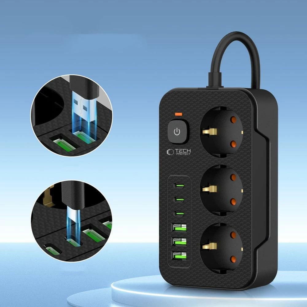 Prizë shumëfunksionale Tech-Protect PC3X6 me 3 shtekerë, 3xUSB-A, 3xUSB-C, 200cm, e zezë