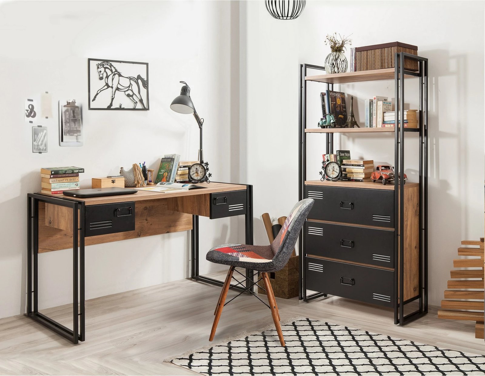 Set mobiljesh për dhomë studimi, Hanah Home, COSMO-TKM.10, ngjyrë Atlantic Pine dhe e zezë Set mobiljesh për dhomë studimi, Hanah Home, COSMO-TKM.10, ngjyrë Atlantic Pine dhe e zezë