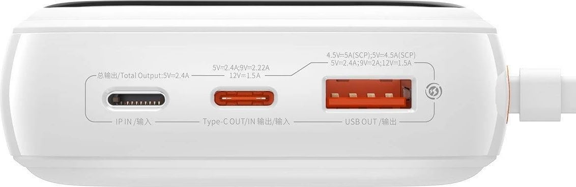 Powerbank Baseus Qpow, 20000mAh, 22.5W, me kabllo USB-C të integruar, Bardhë