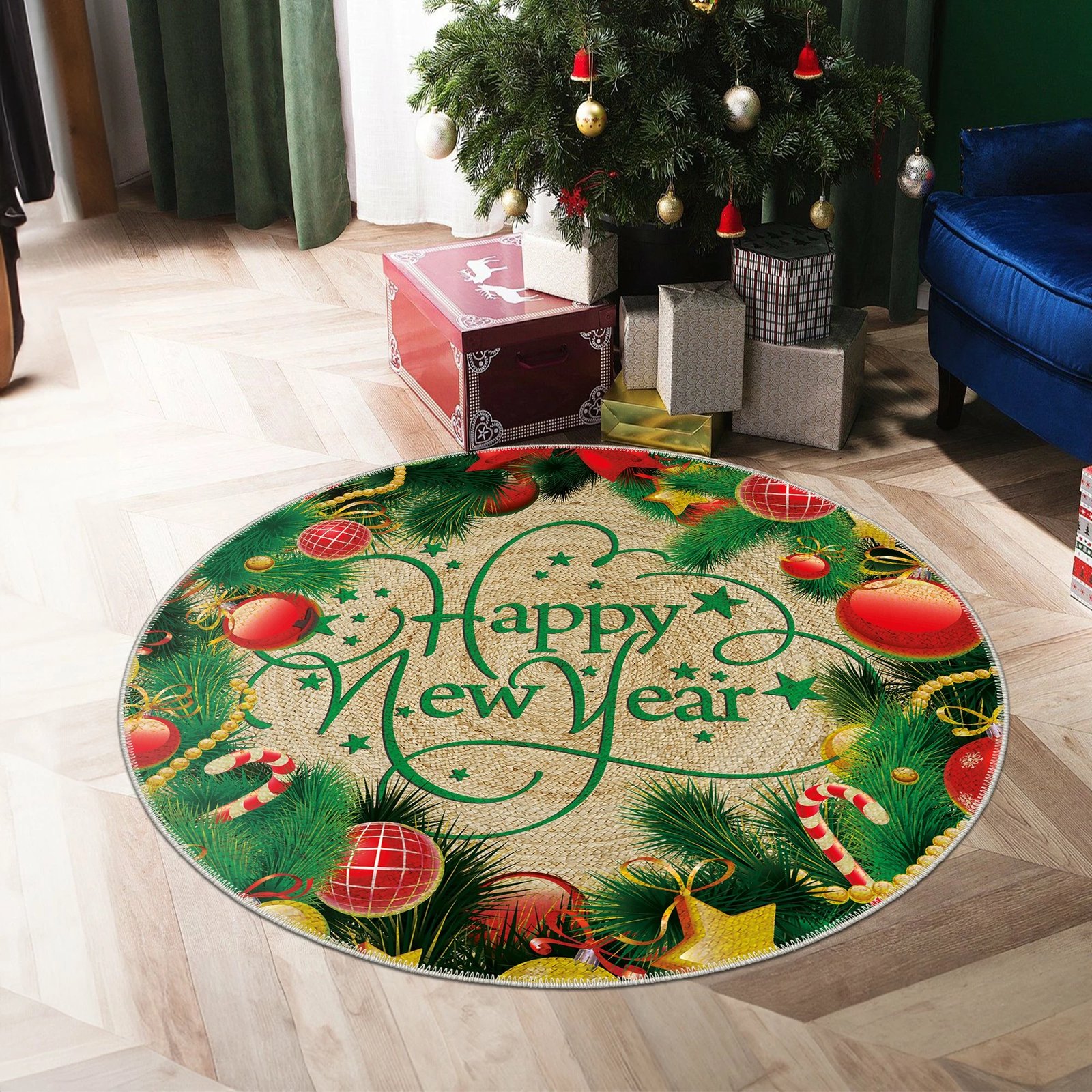 Qilim dekorativ, shumëngjyrësh, temë festive 'Happy New Year', Woobtny0509, 50x50cm