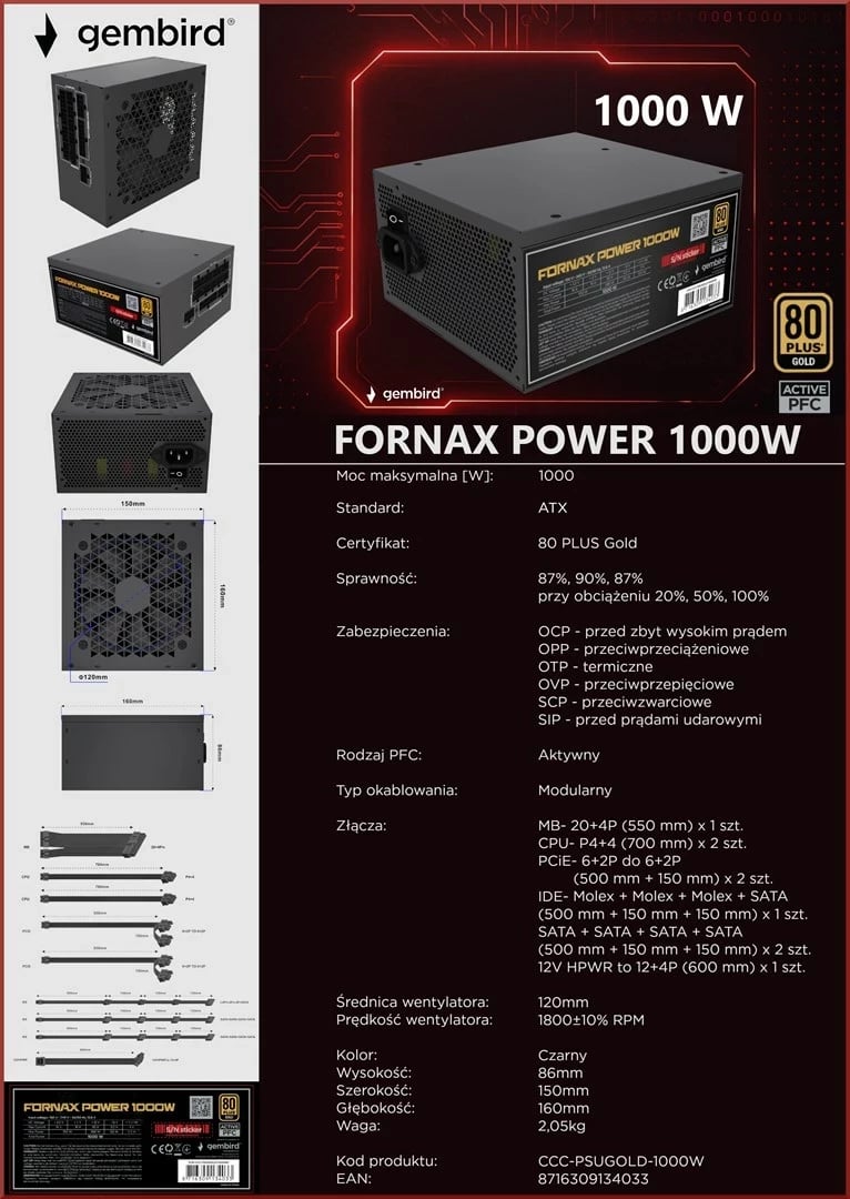Furnizues energjie Gembird Fornax Power 1000W, 80 PLUS Gold, i zi