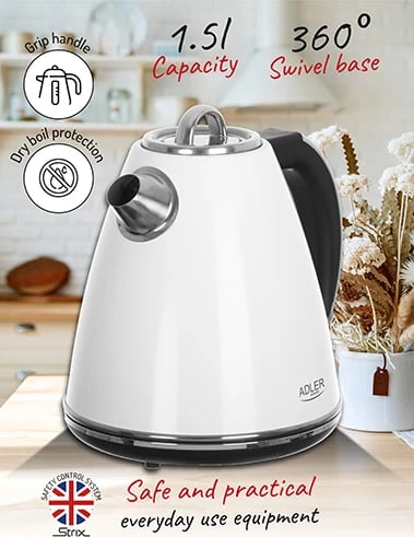 Zierës uji elektrik, Adler AD 1343, 1.5 L, 1850–2200W, element inoks i sheshtë, bazë 360°, sistem sigurie STRIX, e bardhë