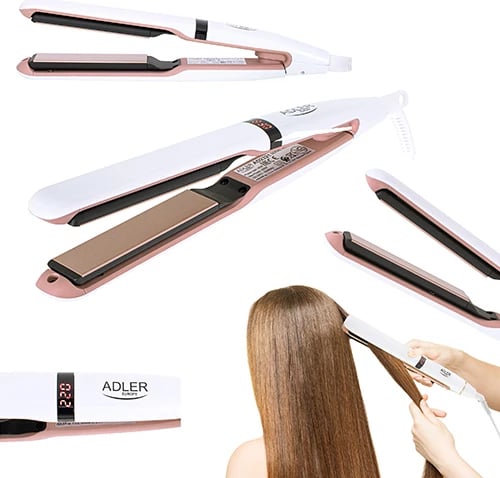 drejtues flokësh, Adler, AD 2321, pllaka qeramike, 5 temperatura 140-220°C, ekran LCD, pllaka 10x2.5cm, kabllo rrotulluese 360°, e bardhë perle