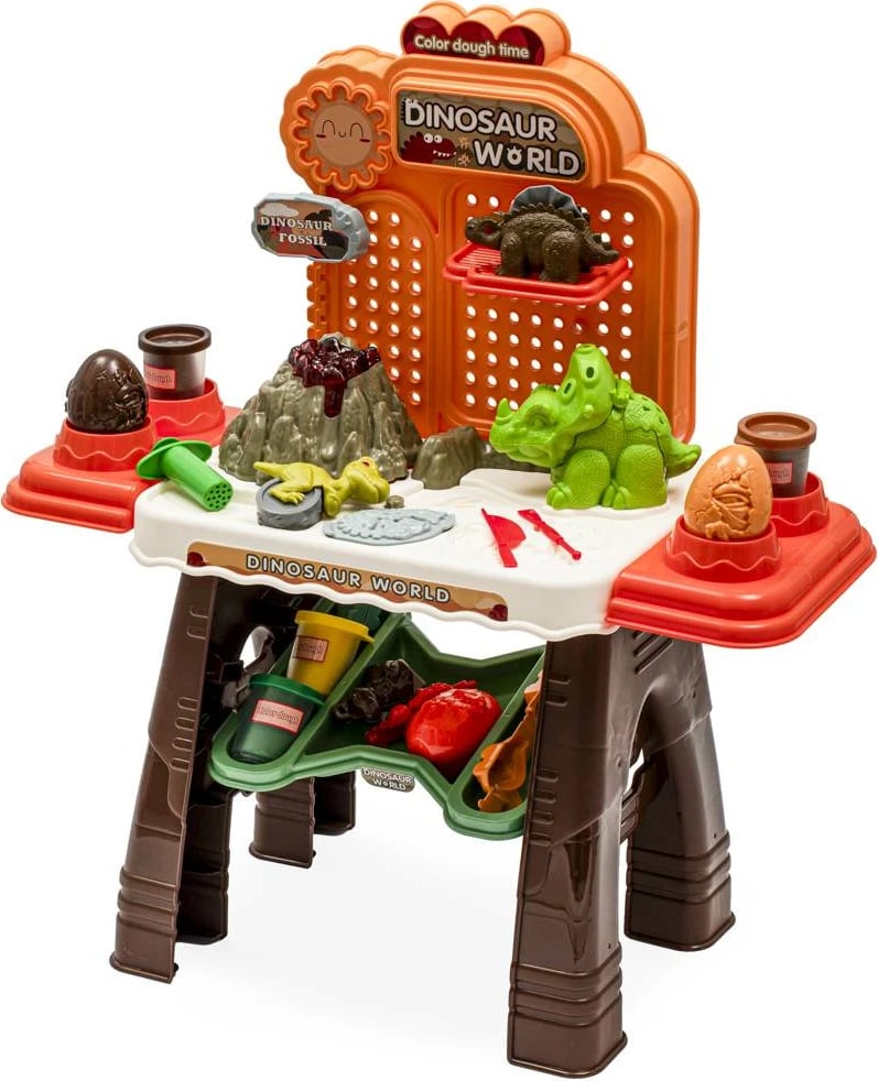 tavolinë lojërash për fëmijë, Baby Mix, Dinosaur World, me plastelinë dhe kallëpe, 58 x 66.5 x 24.5 cm, portokalli, set