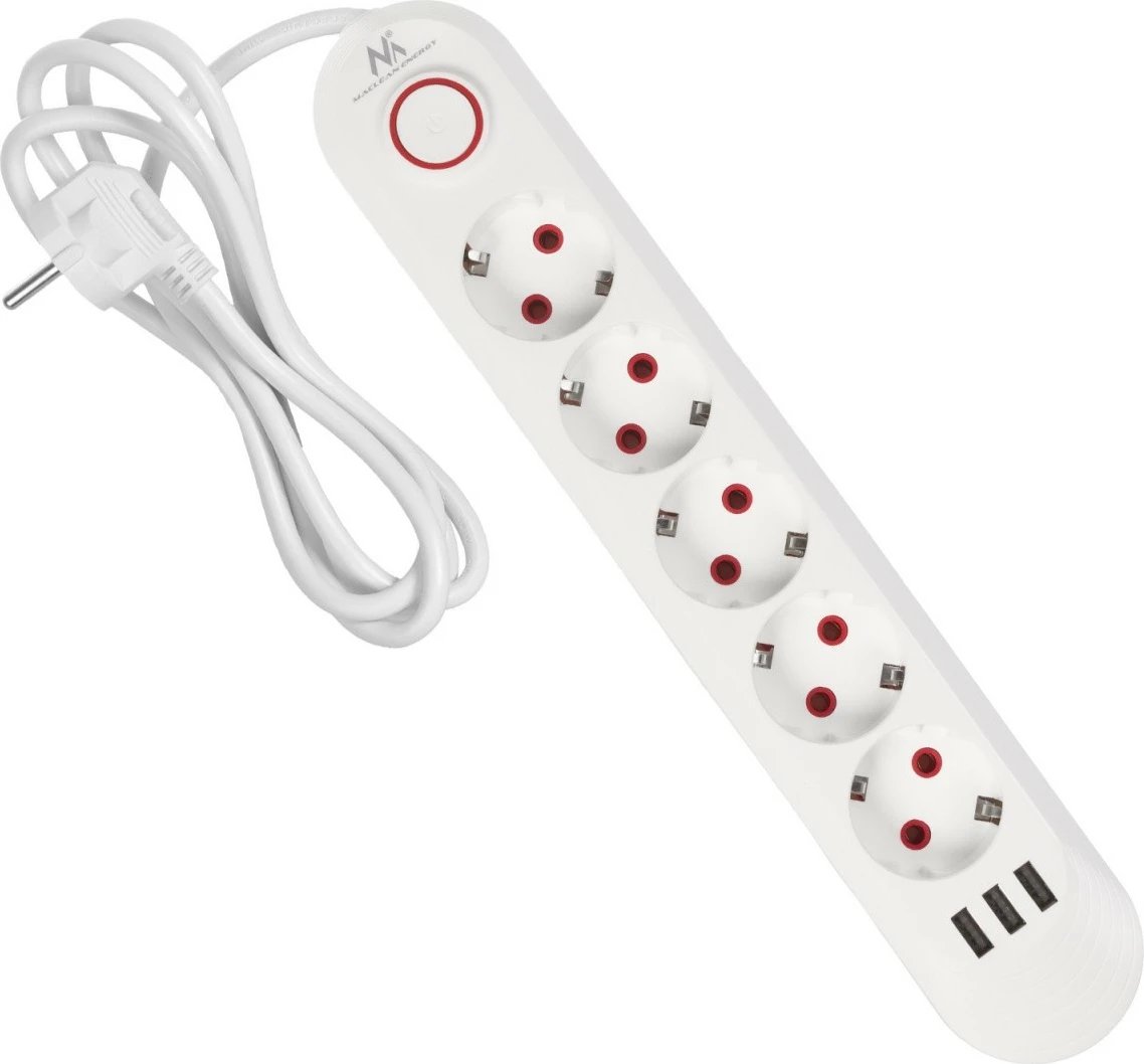 Zgjatues elektrik Maclean MCE395 W, 5 priza Schuko + 3x USB, 1.5 m, 2500W, me ndërprerës, e bardhë