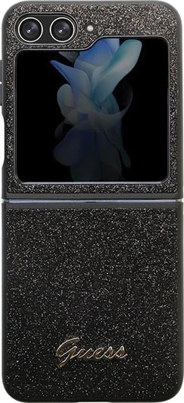 Mbështjellës Guess Glitter Script për Samsung Galaxy Z Flip 5, i zi