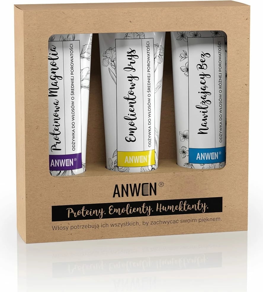 Kondicioner për flokë Anwen Protein Green Tea 100ml + Emollient Iris 100ml + Moisturizing Borage 100ml për femra, 3x100ml