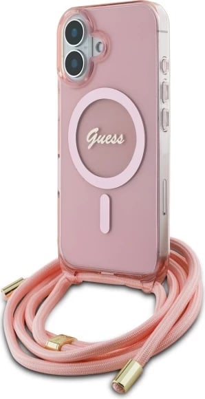 Mbështjellës Guess Crossbody Cord Script MagSafe për iPhone 16, Rozë