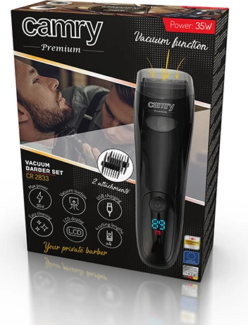 Trimer mjekre me vakum, Camry CR 2833, pa kabllo, LCD, 60 min, karikim USB, 2 përshtatës 3–12 mm, e zezë