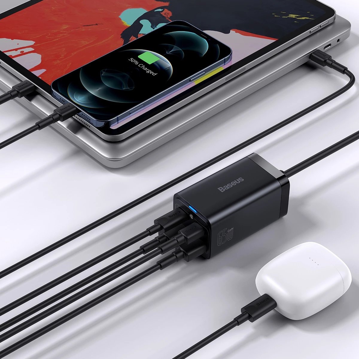 Karikues i shpejtë Baseus GaN3 Pro 65W, 2x USB Type-C, 2x USB, me kabllo USB-C 1m, Zi Karikues i shpejtë Baseus GaN3 Pro 65W, 2x USB Type-C, 2x USB, me kabllo USB-C 1m, Zi