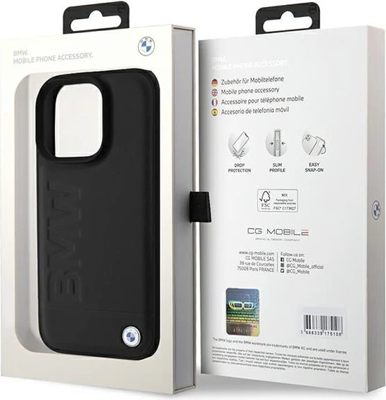 Mbështjellës BMW Leather Hot Stamp për iPhone 16 Pro Max, i zi