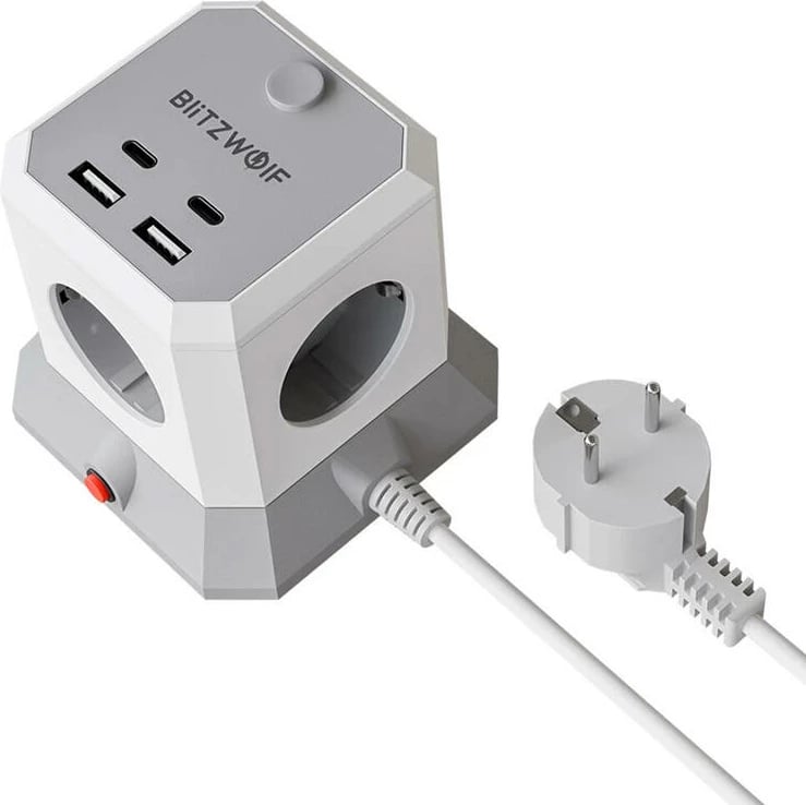 Zgjatues BlitzWolf BW-EC1 me 4 dalje AC, 2 USB-A, 2 USB-C, 1.8m, Gri