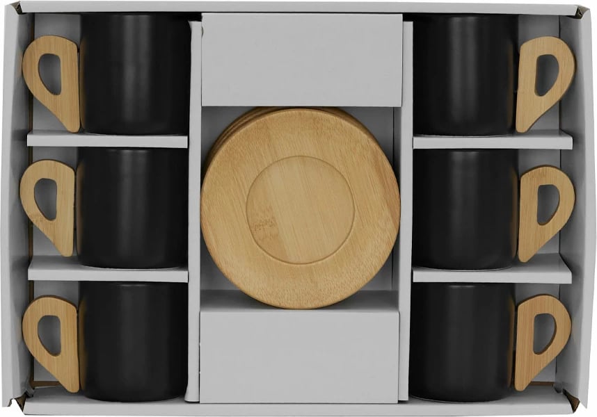 Set filxhanësh espresso Nordic, 6 copë, porcelan i zi, bambu natyral, 29x21x7cm